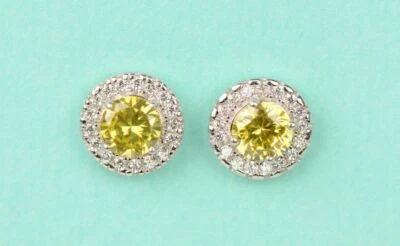 14K Solid White Gold Halo Stud CZ Screw Back Earrings - Image 1 of 4