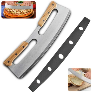 14" Sharp Pizza Cutter Stainless Steel Rocker Blade Knife Wooden Handle & Cover - Picture 1 of 8