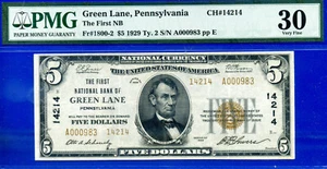 1929 $5 National Bank Green Lane, Pennsylvania CH# 14214 PMG 30 2nd best graded - Picture 1 of 3
