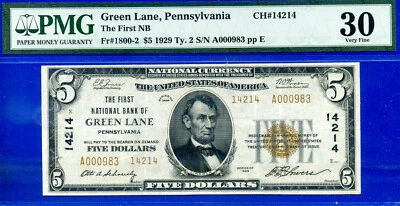 1929 $5 National Bank Green Lane, Pennsylvania CH# 14214 PMG 30 2nd best graded - Image 1 of 3