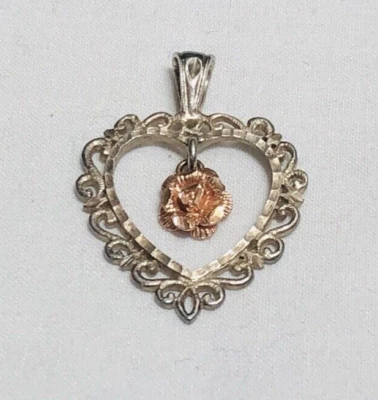 14K Kt Karat Beverly Hills Yellow Gold Heart with Flower Pendant Charm Necklace - Image 1 of 4