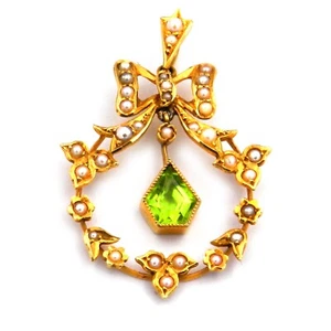 Jugendstil Peridot Anhänger mit Orientperlen 15K Gold England um 1910 - Bild 1 von 7