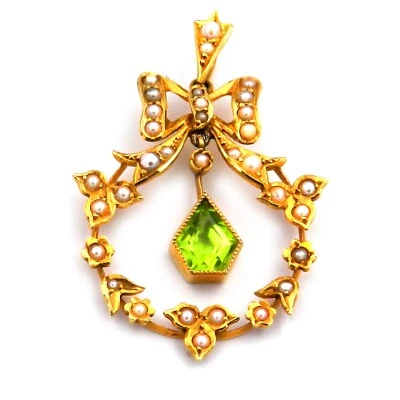 Jugendstil Peridot Anhänger mit Orientperlen 15K Gold England um 1910 - Bild 1 von 4