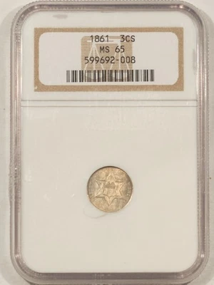 1861 THREE CENT SILVER - NGC MS-65 FLASHY LUSTROUS CIVIL WAR DATE! - Image 1 of 3