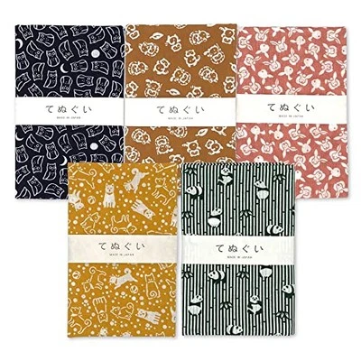 Set of 5 Japanese Tenugui Towels Cotton Cloth Fabrics Panda Shibainu - Image 1 of 3