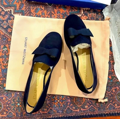 Mocasín plano Stuart Weitzman azul terciopelo pajarita Foto 1 de 4