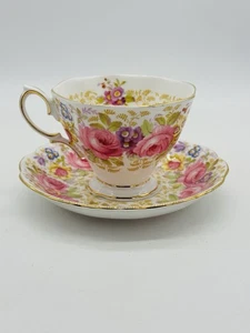 Royal Albert Tea Cup & Saucer Serena Rose Footed Bone China Gold Trim England - Picture 1 of 12