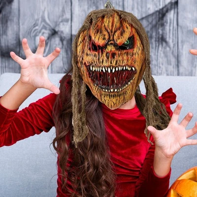 Máscara facial de calabaza de Halloween cubierta de cabeza de fiesta para bar vestido elegante de vacaciones Foto 1 de 4