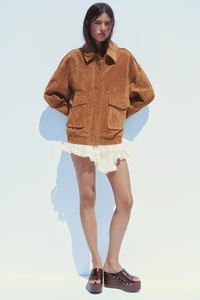 ZARA 100% SUEDE LEATHER BOMBER JACKET WITH POCKETS CAMEL SS25 REF 4341/871 - Picture 1 of 10