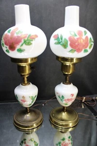 PAIR Vintage Hand Painted Glass Hurricane Style Boudoir Lamp with Matching Shade - Picture 1 of 8