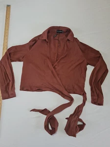 Ladies Open Front Top PrettyLittleThing Size 10 Long Sleeve Tie Waist Brown... - Picture 1 of 13