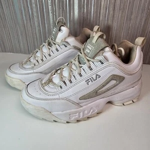 Official Fila Disruptor Trainers Shoe Size UK 4.5 Womans White Glitter Lace - Picture 1 of 14