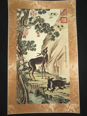 古老中国古董绘画卷轴关于米上的鹿纸 沈全 — 第 1/4 张图片