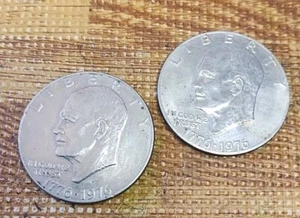 Pair Of 1776-1976 Eisenhower Liberty Bell Moon One Dollar US Bicentennial Coins - Picture 1 of 2