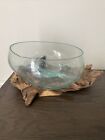Melted Glass On Teak Driftwood Decorative Bowl Vase Terrarium Planter