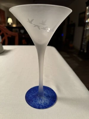 (1) Gray Goose Vodka Frosted Martini Glass Cobalt Blue Swirl Base Flying Geese - Image 1 of 2