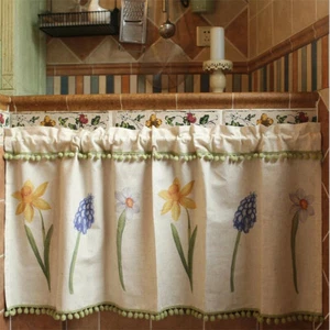 Estampado Floral Medio Corto Cortina Pom Café Ventana Cortina Gabinete Cenefa Decoración - Imagen 1 de 13