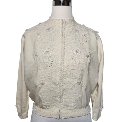 Ballantyne of Peebles Sz S Beaded Pure Cashmere Cardigan Cropped Cream Formal - Image 1 of 4