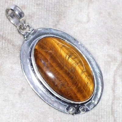 925 Silver Plated Tiger Eye Pendant Handmade Gemstone Jewelry Size 2" GW - Image 1 of 3