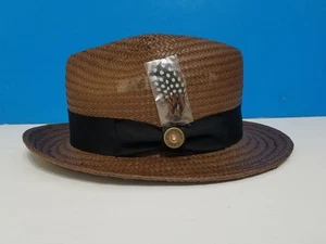 Southern Gents Hat Fedora Fitted Mens Medium Brown Straw Black Band Feather USA - Picture 1 of 9