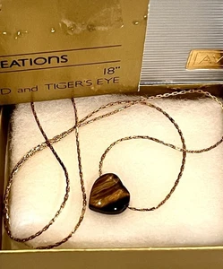 1983 Avon PERSONAL CREATIONS Tiger’s Eye Heart 18” 14K Gold Necklace VINTAGE NOS - Picture 1 of 4