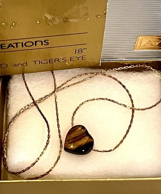 1983 Avon PERSONAL CREATIONS Tiger’s Eye Heart 18” 14K Gold Necklace VINTAGE NOS - Image 1 of 4
