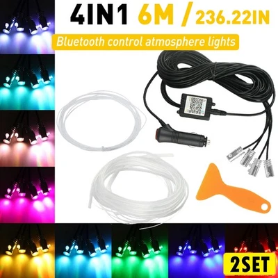 2Set RGB LED 5 Car Dash Door Light Ambient 6m Optical fiber Strip Neon Lamp Remo Foto 1 de 4