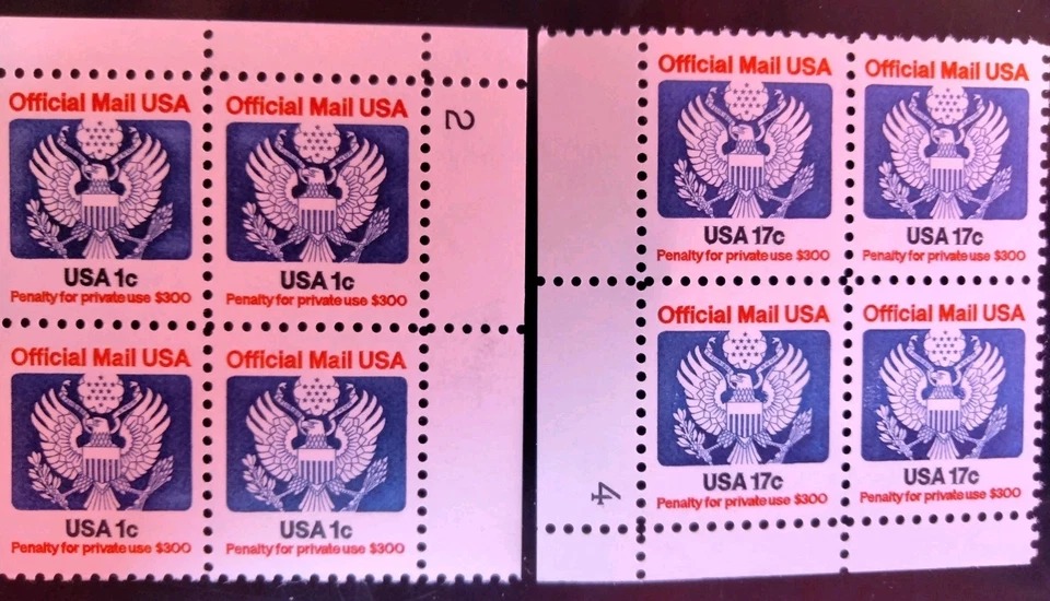 U.S. 1¢ & 17¢ Official Mail Plate Blocks Of 4 Stamps Sc.0127,0130 MNH 1983 - Image 1 of 4