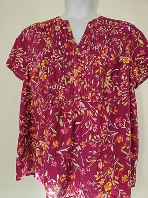 Women Within Multicolor Pleated Tunic Top Plus 22/24 Short Sleeve V-neck Cotton - Image 1 of 4
