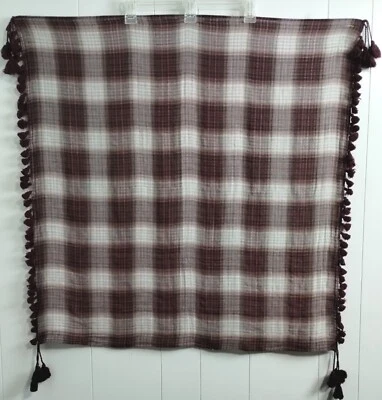 Abercrombie Fitch Borgoña Blanco Bufanda A Cuadros Envoltura Borlas 34" Cuadrado Reversible Foto 1 de 4
