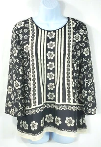 J Jill Tunic Top Blouse Size S Petite Beige and Black Floral Boho 3/4 Sleeve - Picture 1 of 9