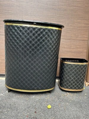 Vtg SET 2 Detecto 24” Clothes Hamper + Matching Trash Can Black Vinyl Quilted MC - Image 1 of 4