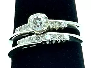 Conjunto de anillo de boda vintage de oro blanco de 14k/anillo de compromiso y alianza con diamantes reales - Imagen 1 de 9
