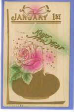 VINTAGE 1915 EMBOSSED POSTCARD PINK ROSE IN GOLD COLOURED BOWL HAPPY NEW YEAR