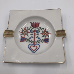 Vintage Painted Ceramic Ashtray From Poland 14k Gold Trim Flower& Stars Hearts - Picture 1 of 5