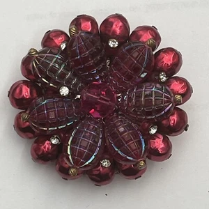 Vintage West Germany Brooch Clear Rhinestone Red Beads Flower Pin 2” - Picture 1 of 10
