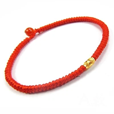 Pure 999 24k Yellow Gold Carved Bead Red Cord Braided Women Bracelet 0.1-0.14g - Image 1 of 4
