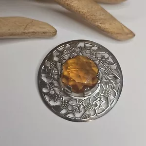 Vintage Sterling Silver Citrine Stone Thistle Kilt Brooch Scottish Estate 925 - Picture 1 of 7