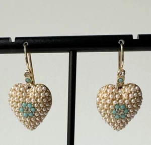 Pendientes pavimentados de cristal turquesa de oro con gota de corazón firmados por Linda Levinson - Imagen 1 de 24