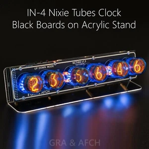 IN-4 Nixie Röhrenuhr SCHWARZ Platine mit Steckdosen Temp F/C 12/24H auf Acrylständer - Bild 1 von 11