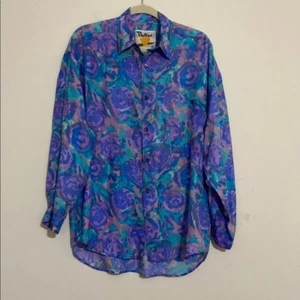 Vintage blouse artsy Blue Purple women Shirt S silk lagenlook casual festival - Picture 1 of 7