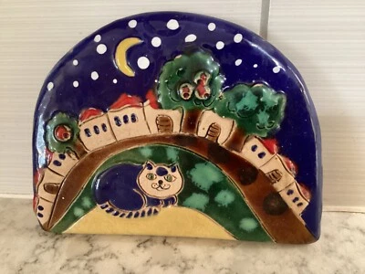Placa cerámica con gato y luna Foto 1 de 2