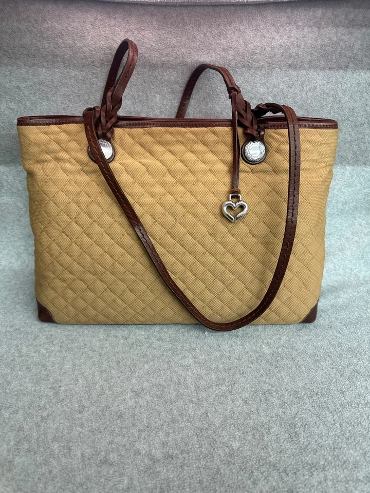 Vintage Brighton Bolso de Mano de Hombro Monedero Beige Acolchado Cuero Asas Ribete Foto 1 de 4