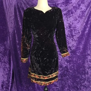 Vintage Gunne Sax Jessica McClintock Velvet Black & Orange Midi Dress 80s - Picture 1 of 10