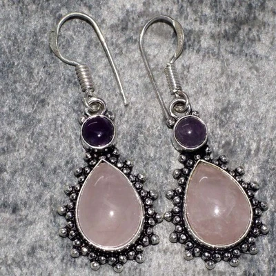925 Silver Plated Rose Quartz Amethyst Jewellery Earrings Size 1.7" JW - Image 1 of 3