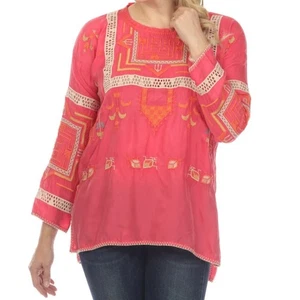 Blusa Johnny Was Biya Charlize Bordada Rosa Ojales Encaje Ribete Talla Grande S - Imagen 1 de 8