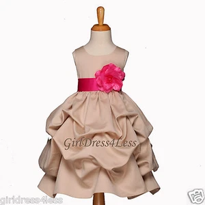 CHAMPAGNE/FUCHSIA HOT PINK PICK UP FLOWER GIRL DRESS 6M 9M 12M 18M 2 4 6 8 10 12 - Picture 1 of 2