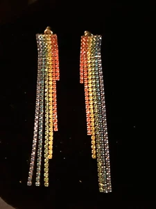 Rainbow stone glimmer post earrings: 3.5" long - Picture 1 of 4