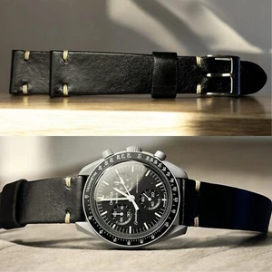 20mm Genuine Black Leather strap for vintage military watch longines diver gmt - Imagen 1 de 10