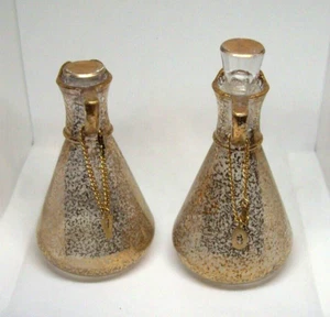 Vintage Hazel Atlas Glass Co Clear Gold Speck Vinegar & Oil Set w/ Gold Chain - Picture 1 of 4